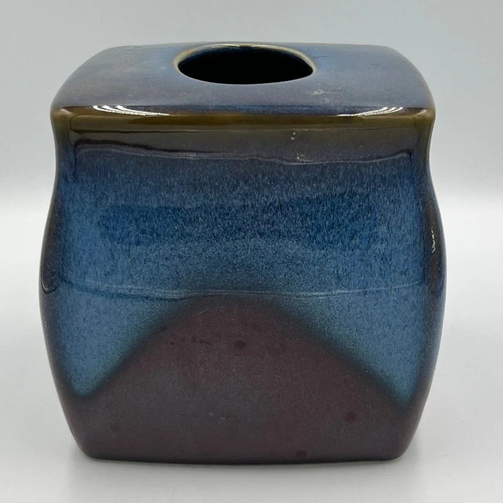 Ceramic Tissue Box Cover Blue Brick Reactive Glaze Square NWOT DENBY-5